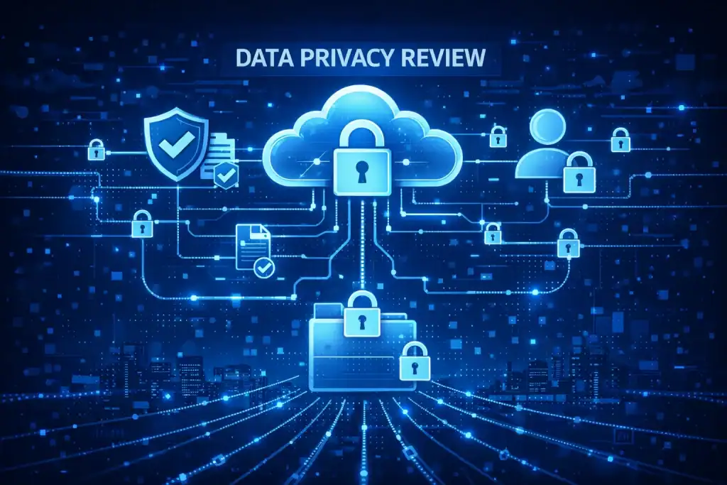 Data Privacy Review concept art featuring a glowing lock over cloud storage