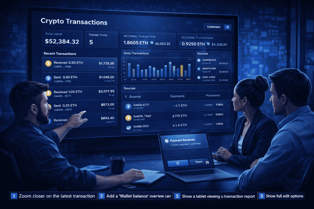 Small business team reviews crypto transactions and analytics on office dashboard.