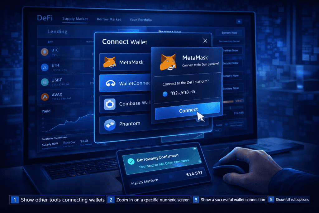 User connects MetaMask wallet to DeFi platform via connect wallet modal.