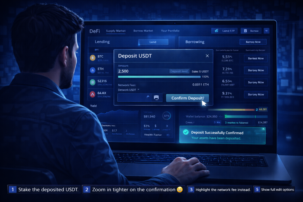 Investor deposits crypto into DeFi lending pool with confirmation toast.
