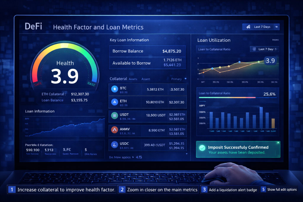 Aave dashboard showing health factor gauge, collateral, and loan metrics.