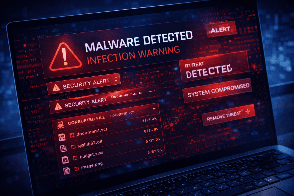 Malware warning screen with red alerts and “Remove Threat” button.