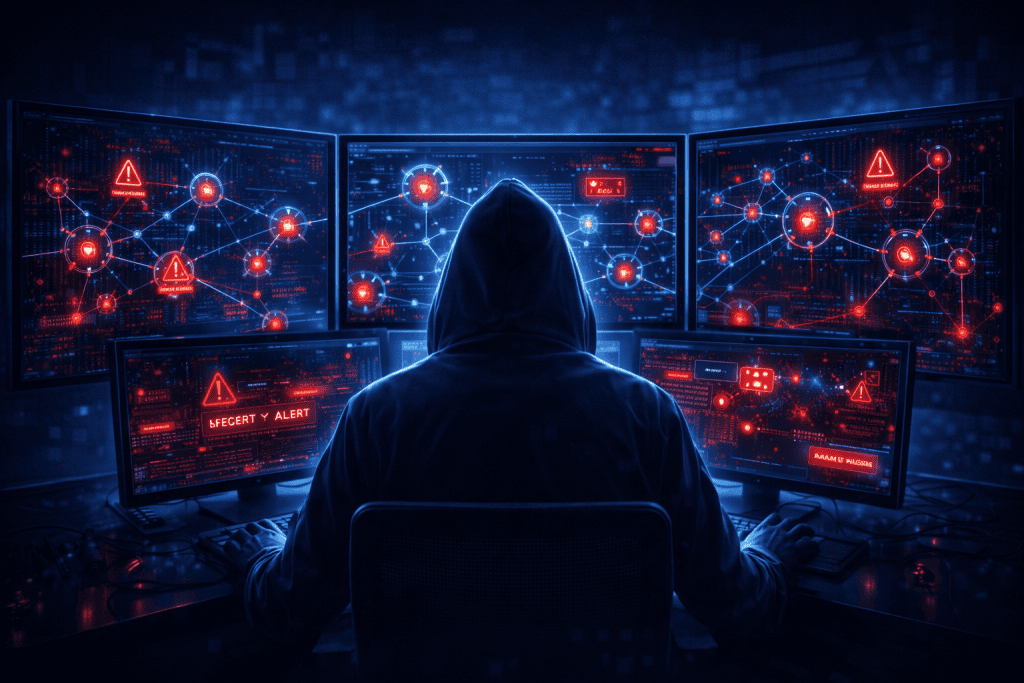 Hooded figure watches network alerts as malware spreads across connected nodes.