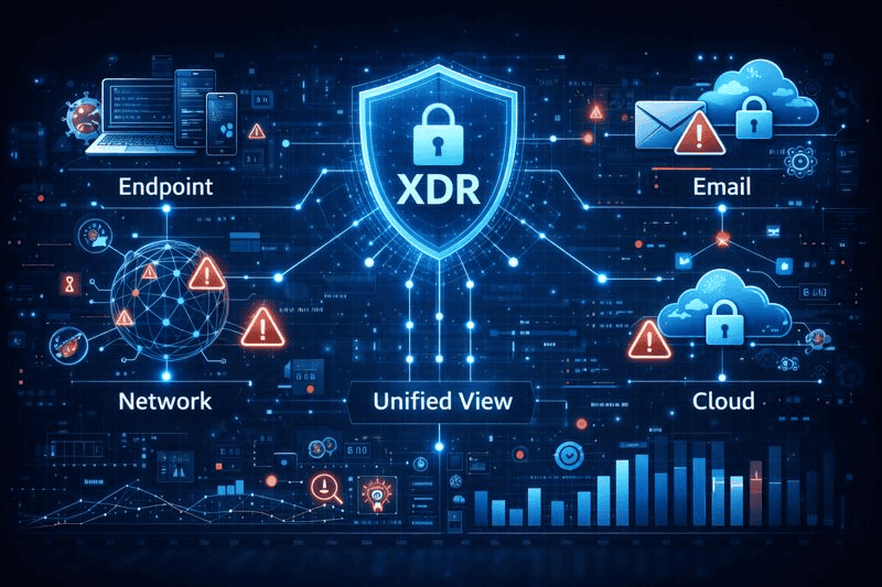 XDR diagram unifying endpoint, network, email, cloud.