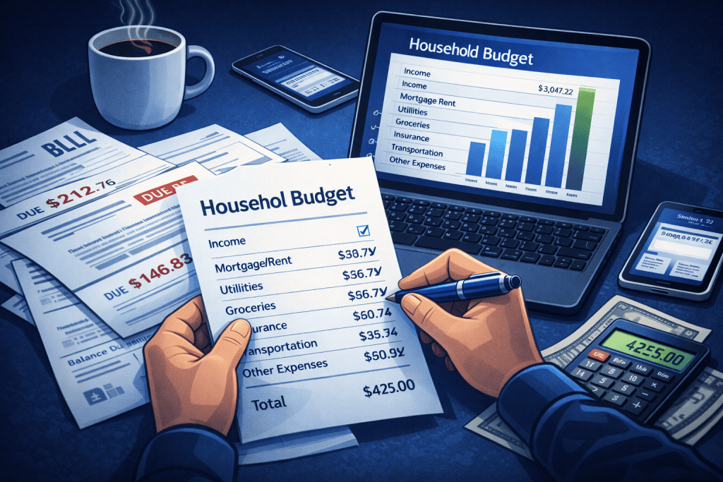 Person reviews household budget with bills, laptop, and calculator.