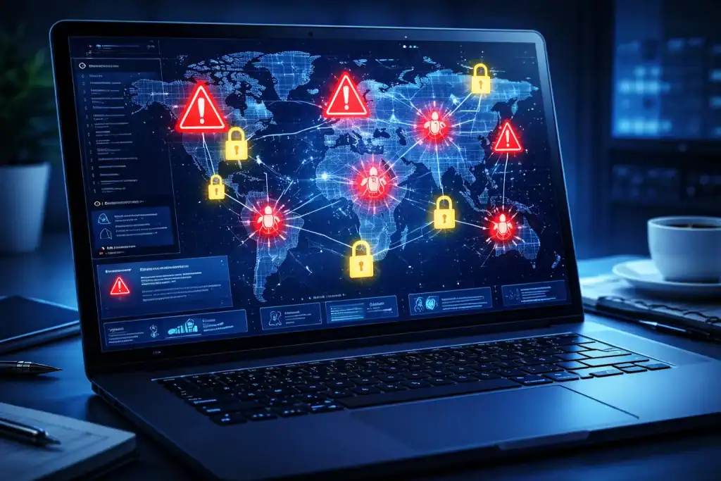 Close-up of a software bug map on a laptop screen with warning icons and lock symbols