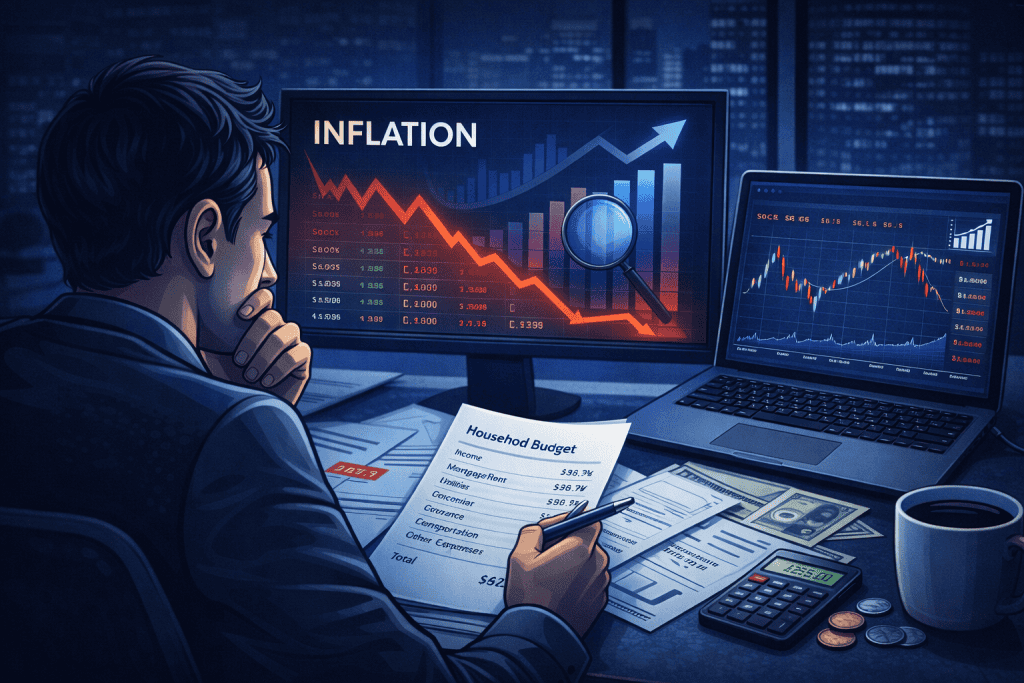 Investor reviews market charts on screens amid rising inflation indicators.
