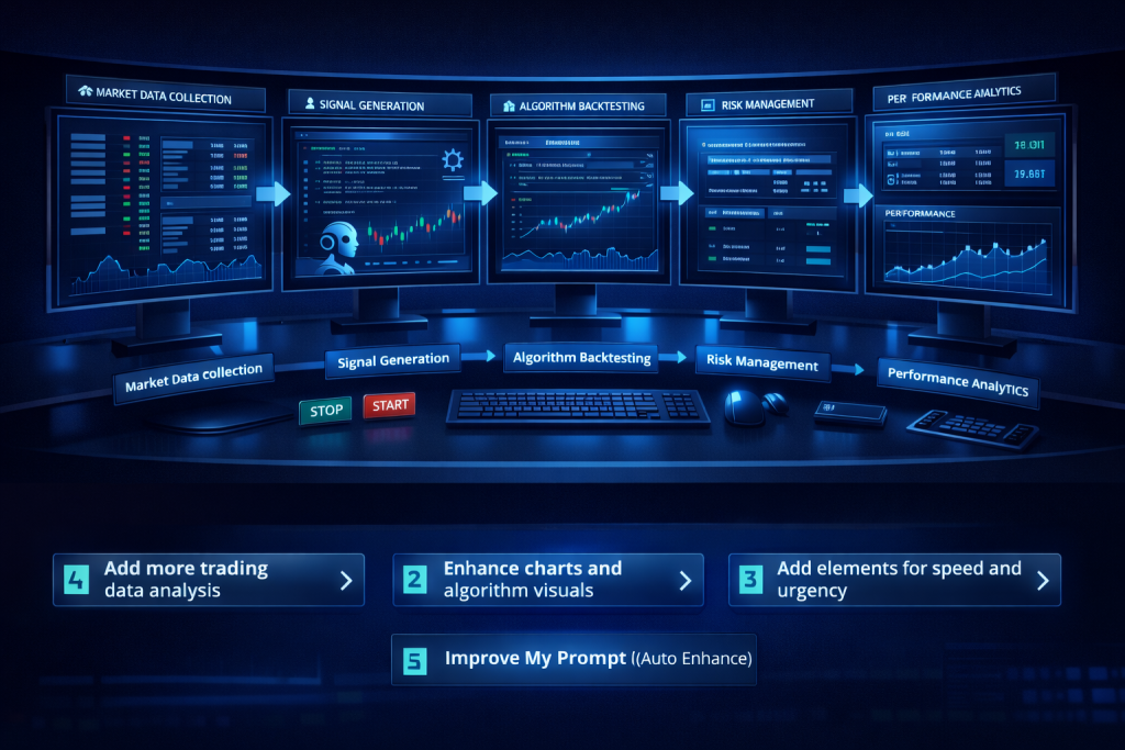HFT workflow displayed across multiple trading monitors
