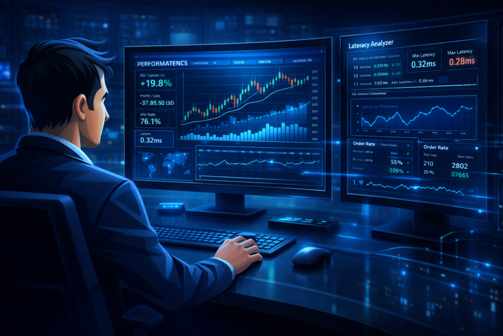 Trader reviewing HFT performance and latency metrics