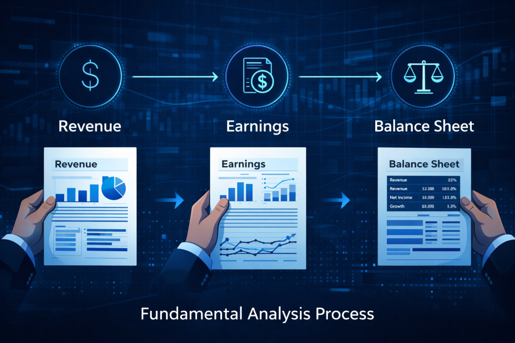 Fundamental analysis steps: revenue, earnings, and balance sheet review.