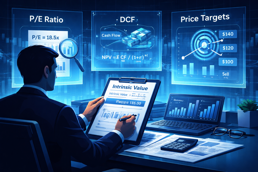 Investor calculating intrinsic value using valuation metrics and DCF charts.