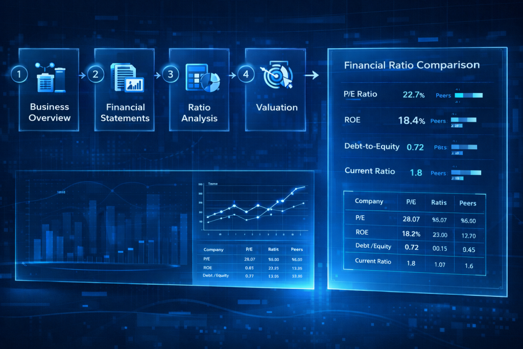 Fundamental analysis workflow with financial ratio comparison dashboard.