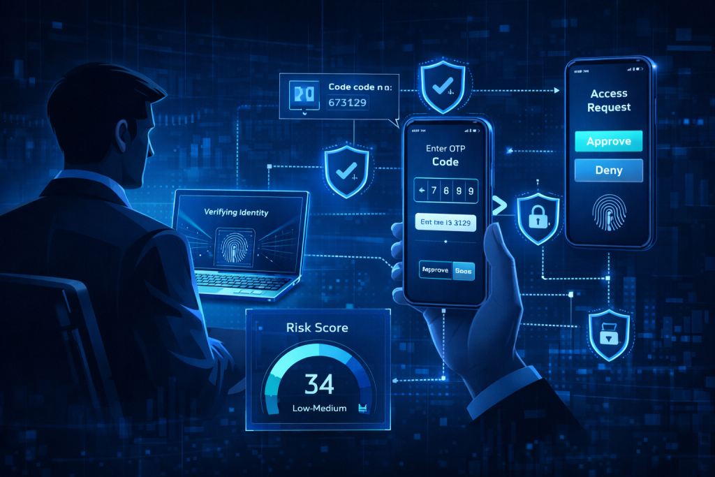 Zero Trust Network Access authentication flow with multi-factor verification and approval interface.