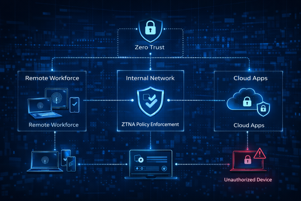 Network segmentation diagram showing Zero Trust Network Access policy enforcement across secure zones.