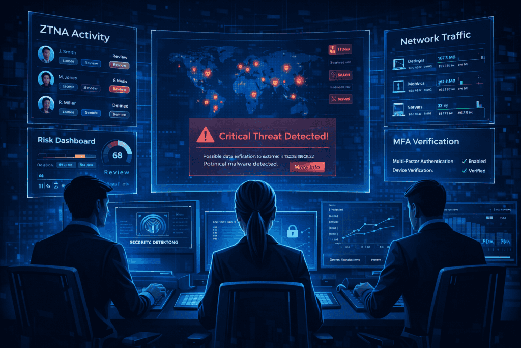 Security team monitors ZTNA activity, MFA status, and threat alerts.
