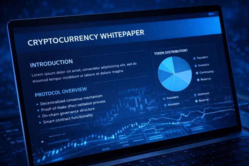 Laptop showing cryptocurrency whitepaper with protocol overview and token chart.