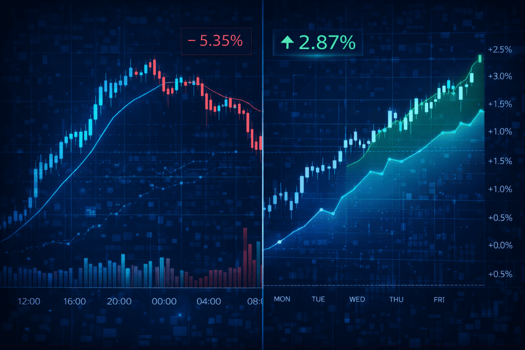 Split screen comparing crypto candlestick chart and stock market trend graph.