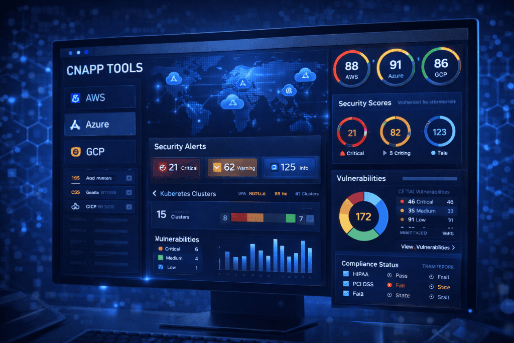 Cloud security dashboard monitoring multi-cloud infrastructure in real time.
