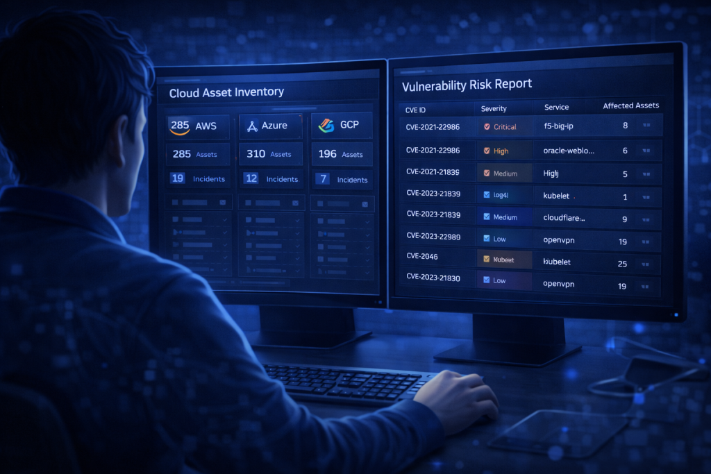 Security analyst reviewing cloud asset inventory and vulnerability report.