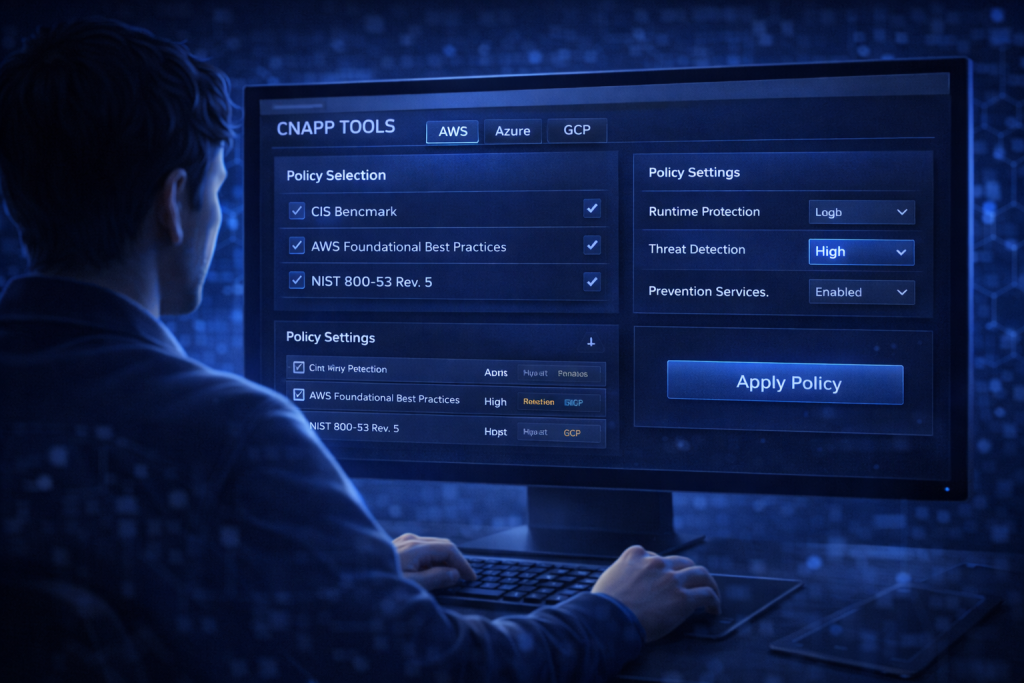 Cybersecurity engineer configuring CNAPP policies on multi-cloud dashboard.