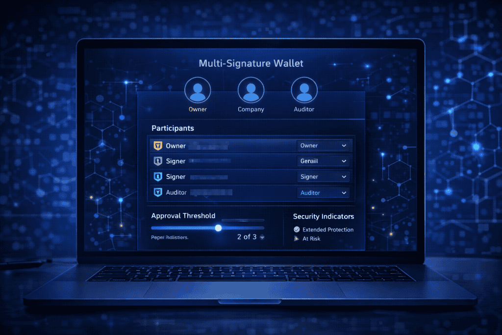 Laptop displaying multi-signature wallet setup with approval threshold.