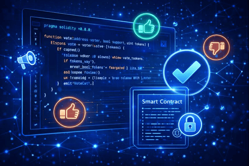 Smart contract code with voting icons on futuristic screen.