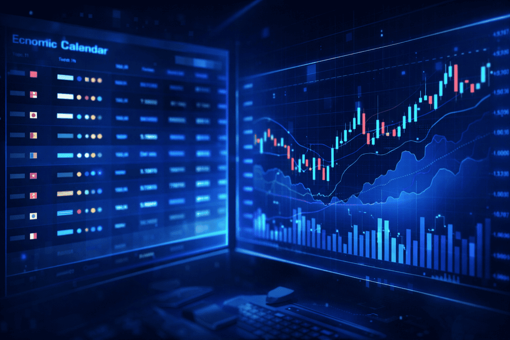 Economic calendar beside currency volatility chart on glowing blue screens.
