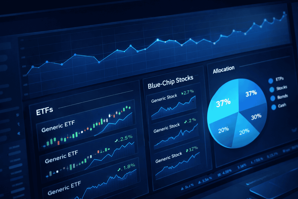 Diversified portfolio dashboard with ETF charts and allocation pie chart.