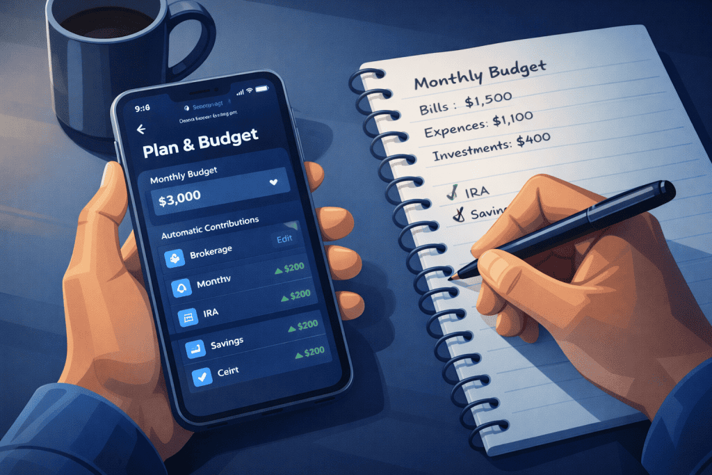 Person sets monthly budget and auto-investing beside brokerage app.