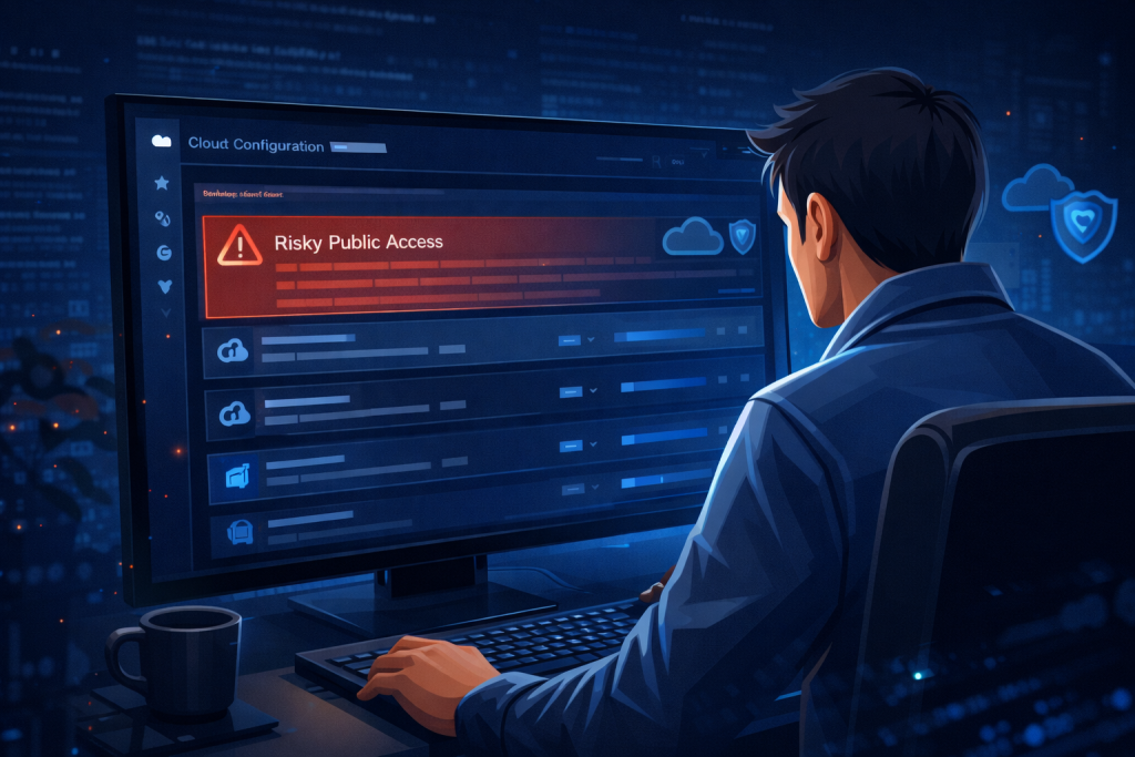 Security engineer reviews cloud security threats dashboard, flagging risky public access settings.