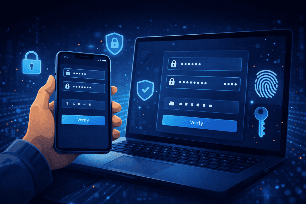MFA login on phone and laptop with secure access icons.