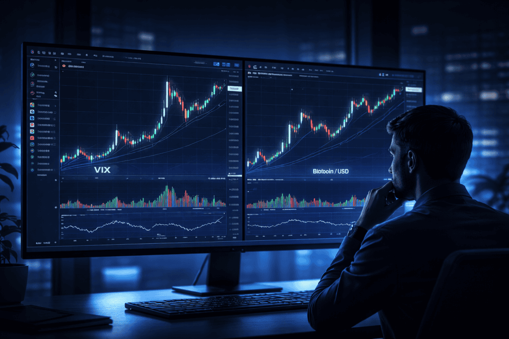Focused trader watching VIX and Bitcoin charts on a trading dashboard.