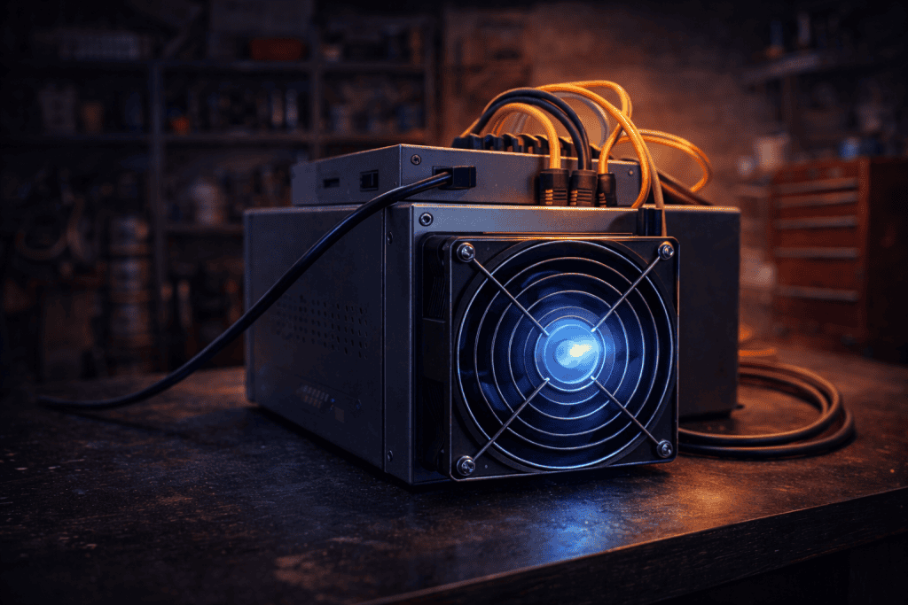 Close-up ASIC miner with cables on a garage workbench.