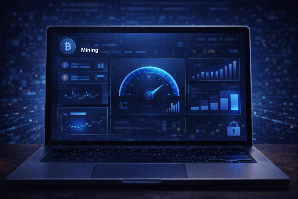 Laptop shows mining dashboard with hash rate charts and gauge.
