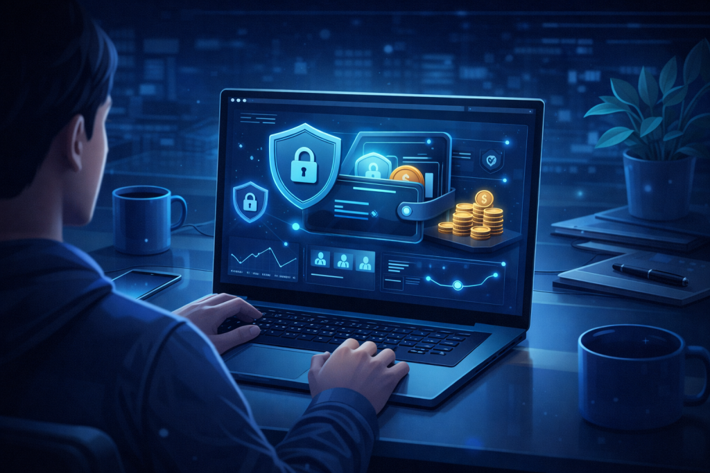 Beginner setting up crypto wallet and secure staking on laptop