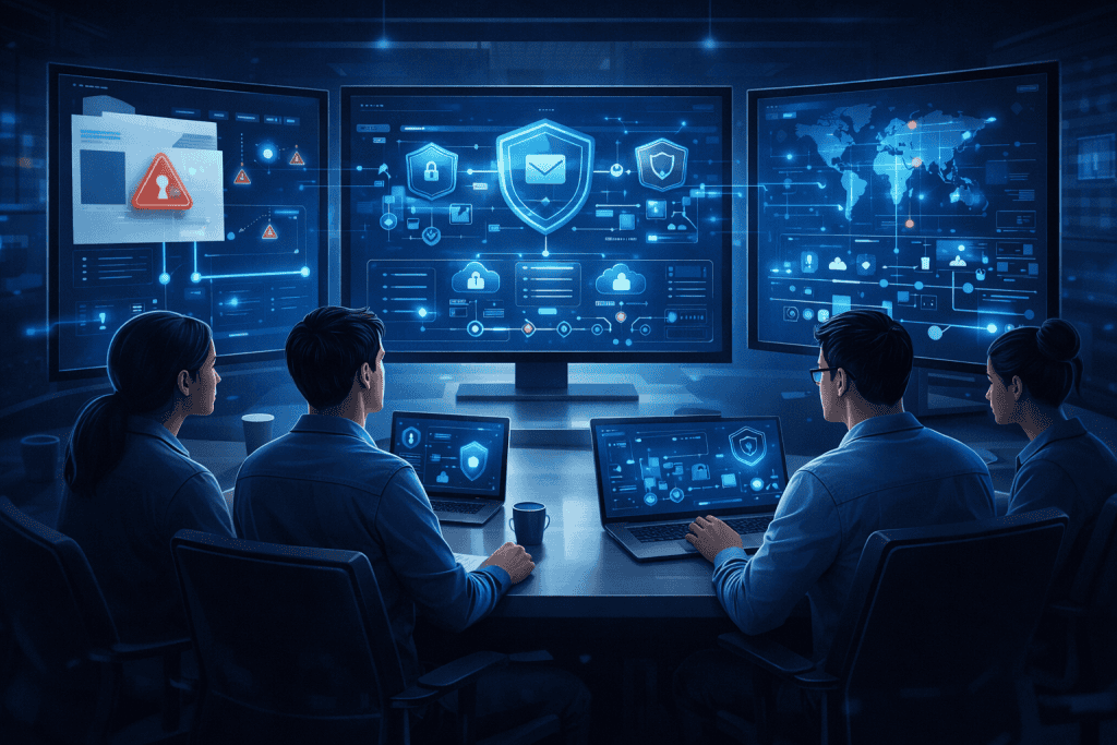 Team reviewing phishing alerts and layered cyber defense response plan