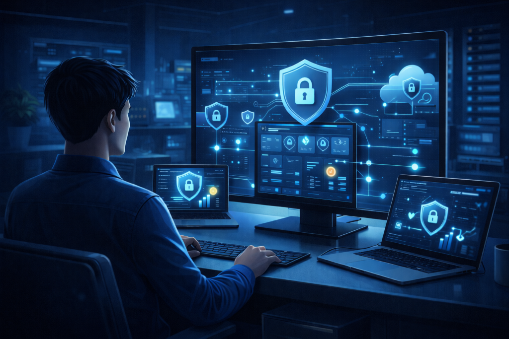 IT administrator enforcing endpoint security across laptops, cloud apps, and network