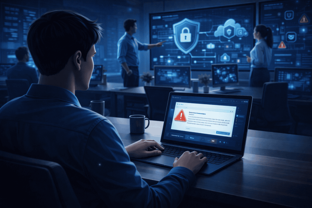 Employee spotting phishing email during cybersecurity training in corporate office