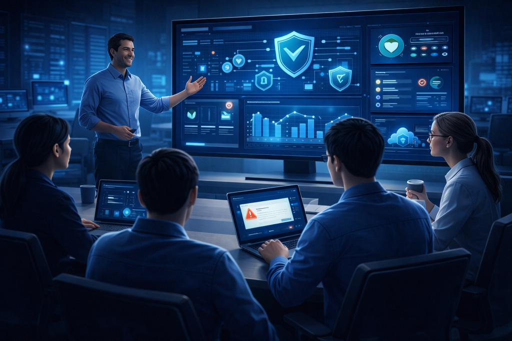 Manager presenting cybersecurity awareness dashboard to engaged staff in workshop