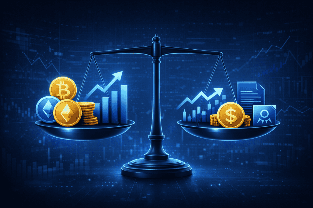 Balanced scale comparing crypto coins with stocks and bonds icons.