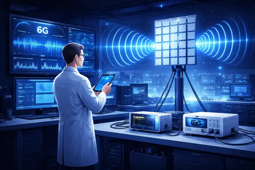 Engineer testing 6G Technology terahertz antenna array in a lab