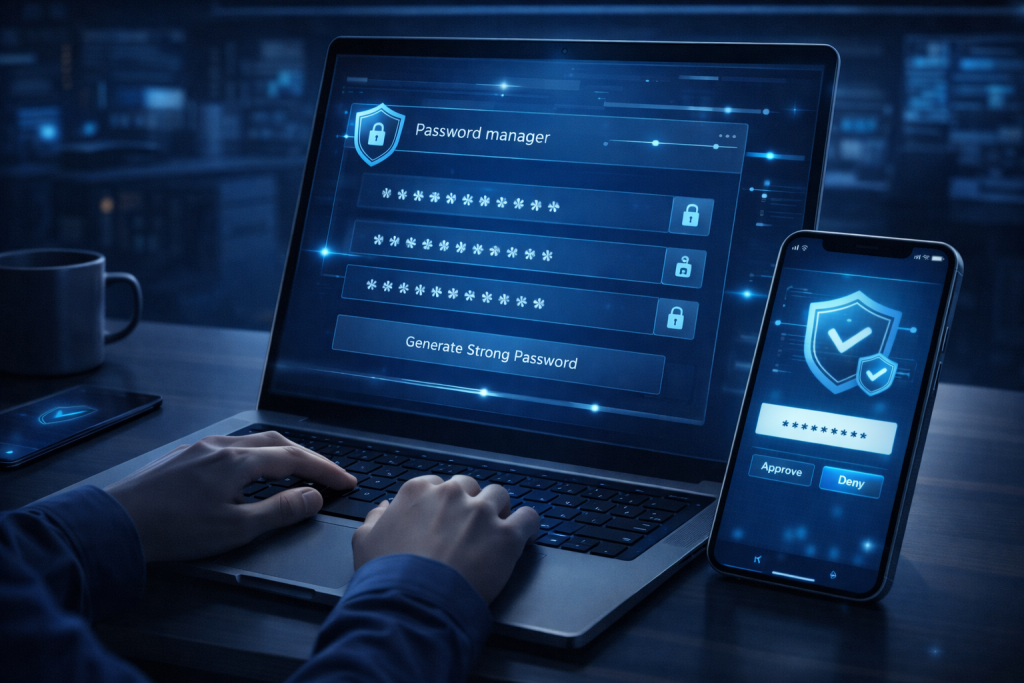 Password manager generating strong passwords beside phone with two-factor authentication prompt