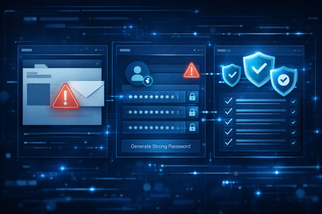 Warning screen showing phishing risks, weak passwords, and account protection steps