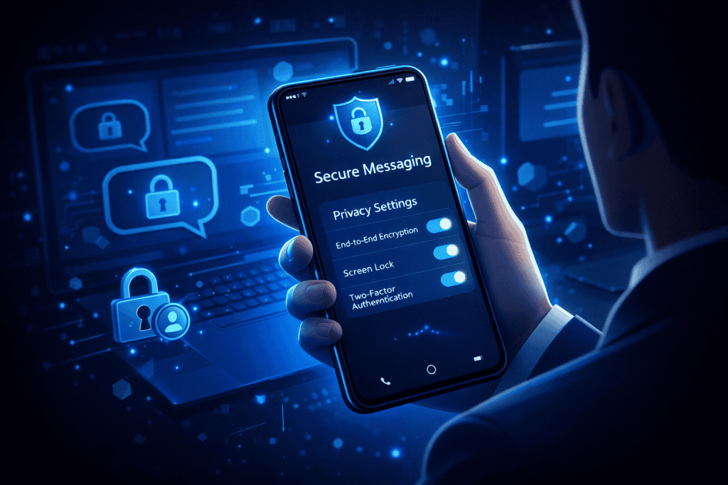 Person adjusting secure messaging privacy settings on smartphone