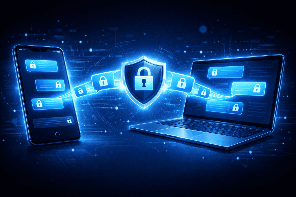 End-to-end encryption messages moving securely between phone and laptop