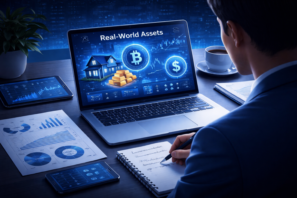 Investor researching Real World Assets with laptop, notes, and market data