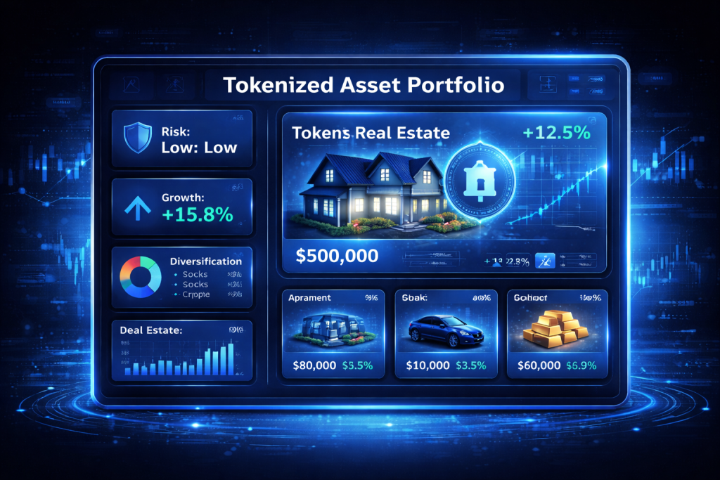 Tokenized asset portfolio dashboard showing risk, growth, and diversification