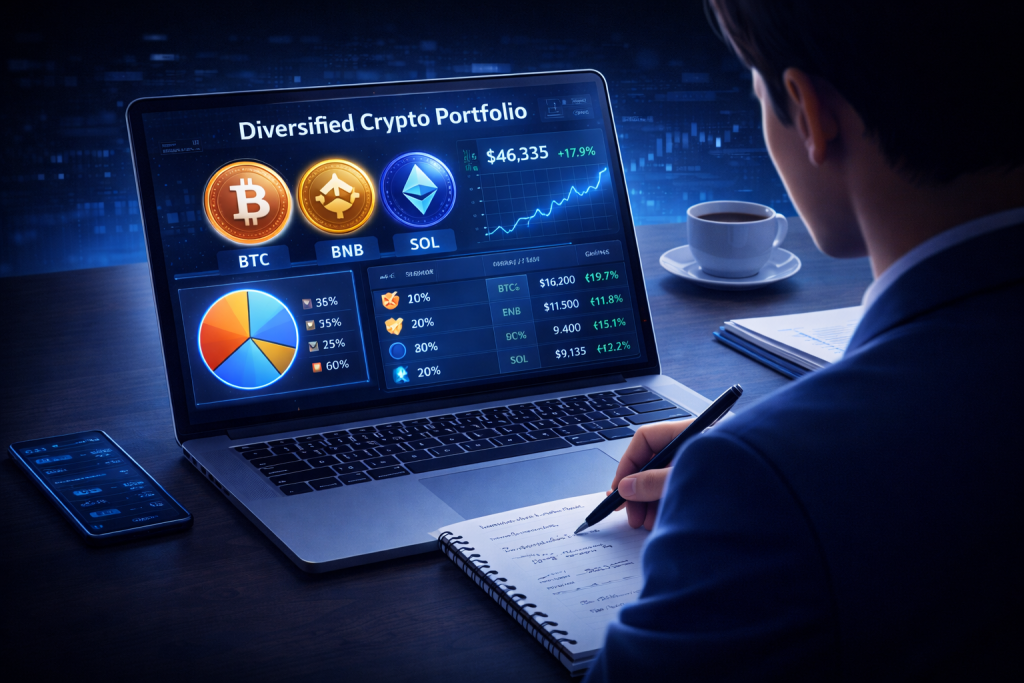 Investor reviewing diversified crypto portfolio diversification charts with notes and coffee