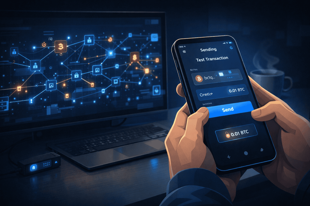 Person sending small crypto test transaction from smartphone wallet app