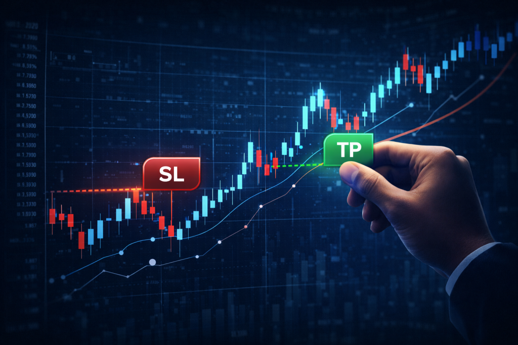 Hand placing stop-loss and take-profit markers on volatile candlestick chart.